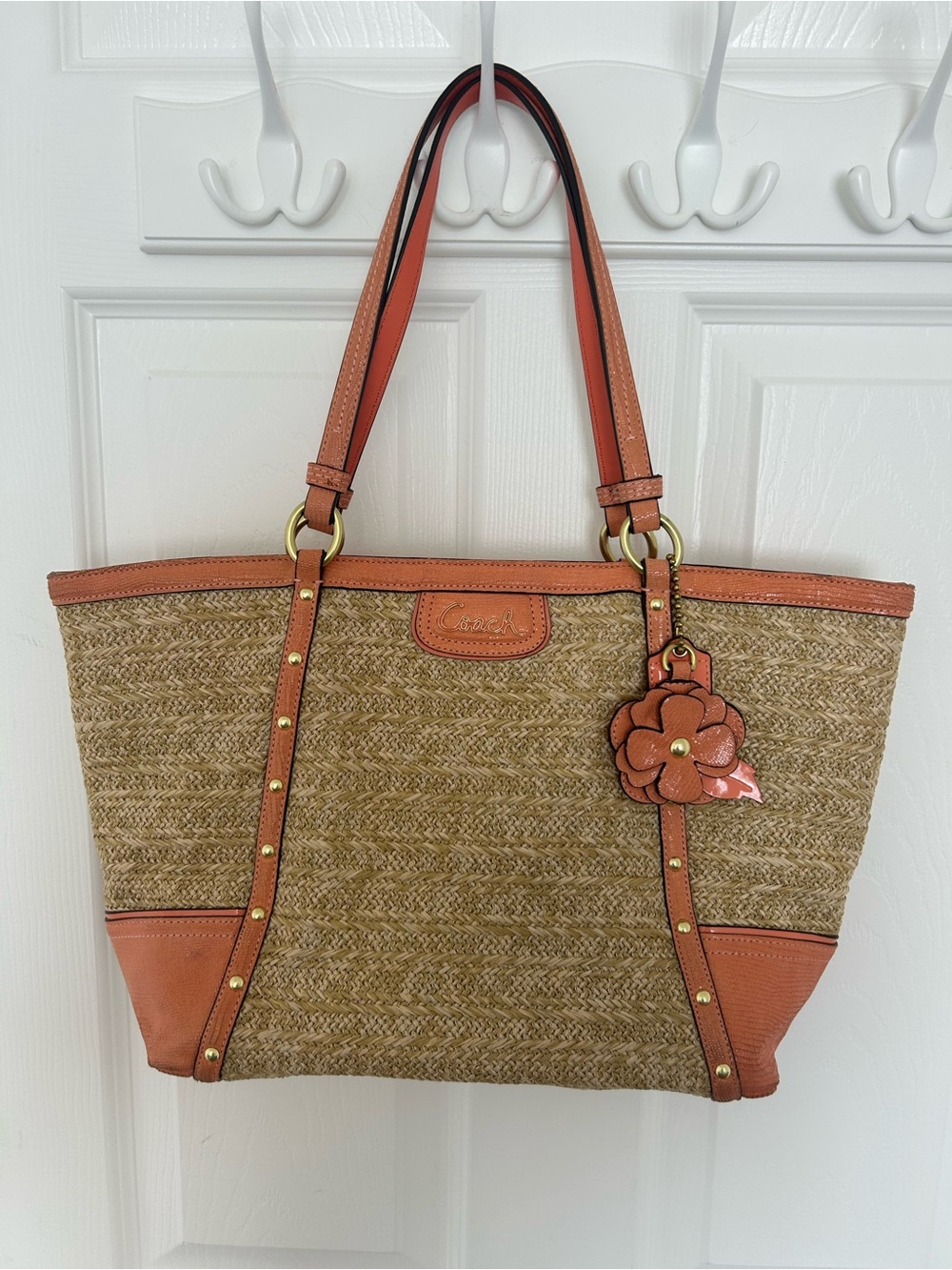 COACH Alexandra Python Coral Straw Tote Bag Purse Shoulder Beach Coastal Summer